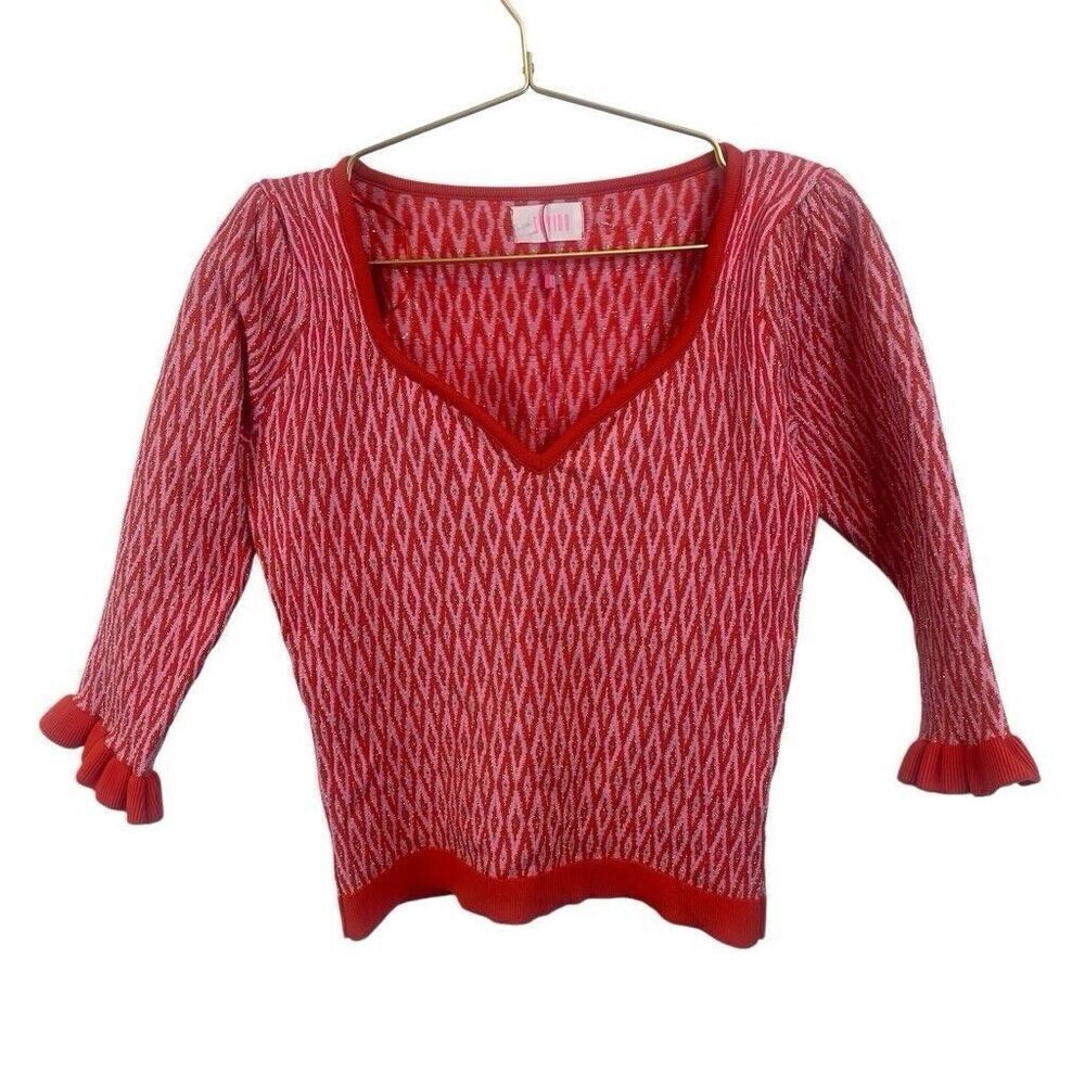 NWOT Revolve Saylor Pink Gold Red Metal Fibre Polyamide Ruffle Sweater Top Sz M